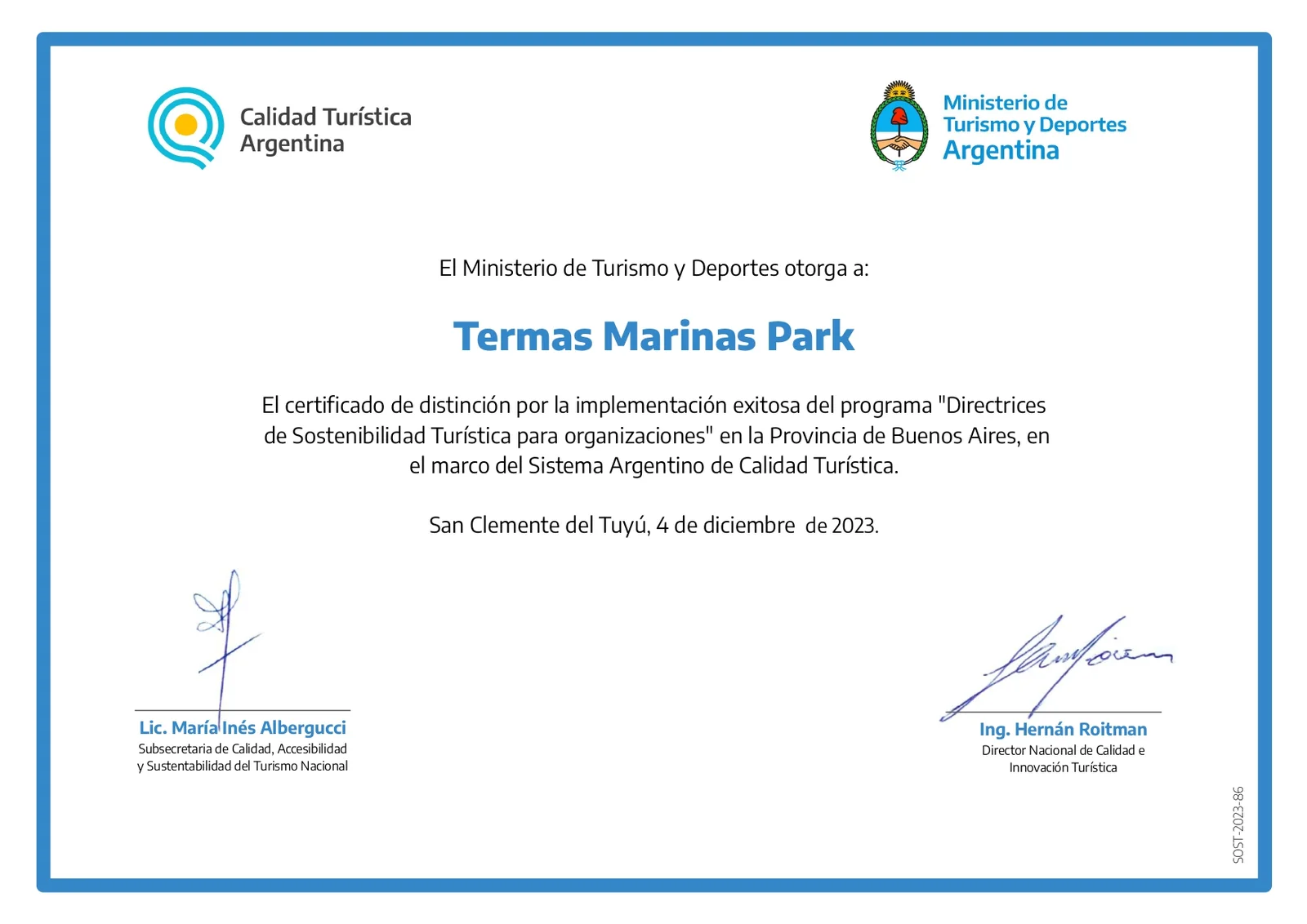 Certificado de Directrices de Sostenibilidad Turística de Termas Marinas Park